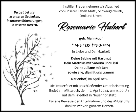 Traueranzeige von Rosemarie Hubert von Thüringer Allgemeine, Thüringische Landeszeitung