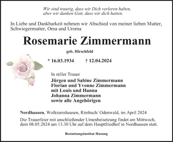 Traueranzeige von Rosemarie Zimmermann von Thüringer Allgemeine