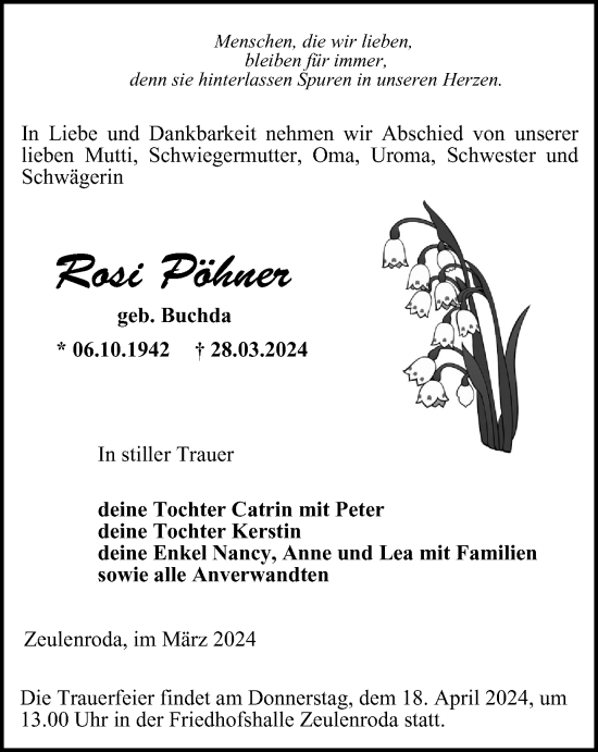 Traueranzeige von Rosi Pöhner von Ostthüringer Zeitung