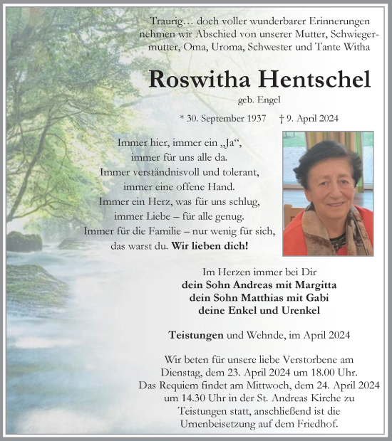 Traueranzeige von Roswitha Hentschel von Thüringer Allgemeine