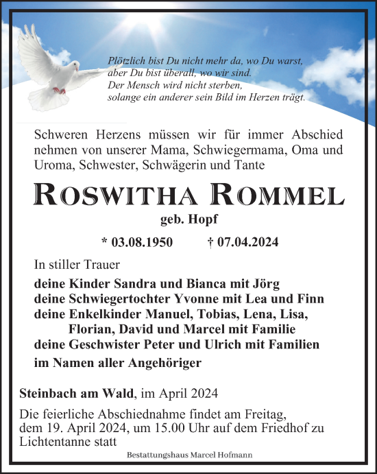 Traueranzeige von Roswitha Rommel von Ostthüringer Zeitung