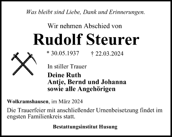 Traueranzeige von Rudolf Steurer von Thüringer Allgemeine