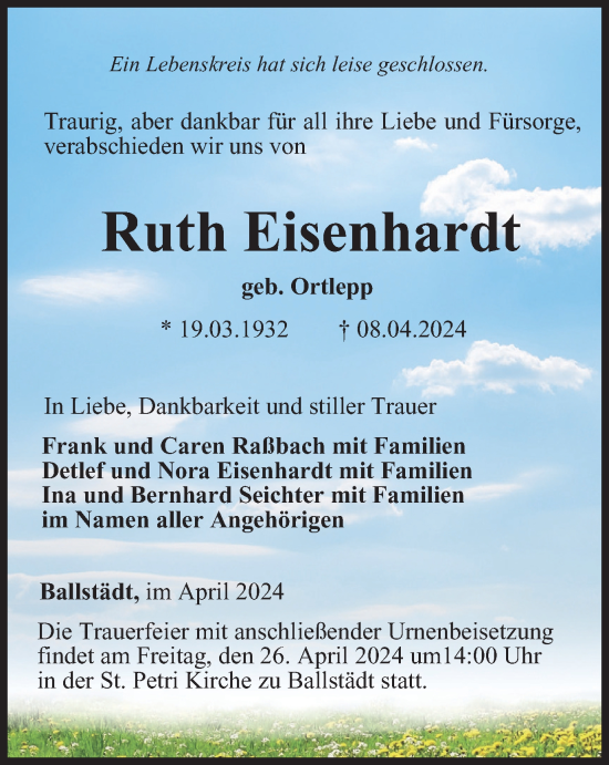 Traueranzeige von Ruth Eisenhardt von Thüringer Allgemeine, Thüringische Landeszeitung