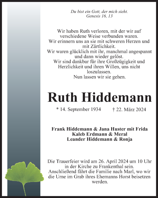 Traueranzeige von Ruth Hiddemann von Ostthüringer Zeitung
