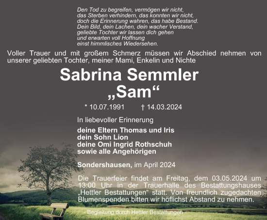 Traueranzeige von Sabrina Semmler von Thüringer Allgemeine