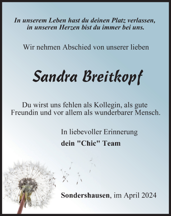 Traueranzeige von Sandra Breitkopf von Thüringer Allgemeine