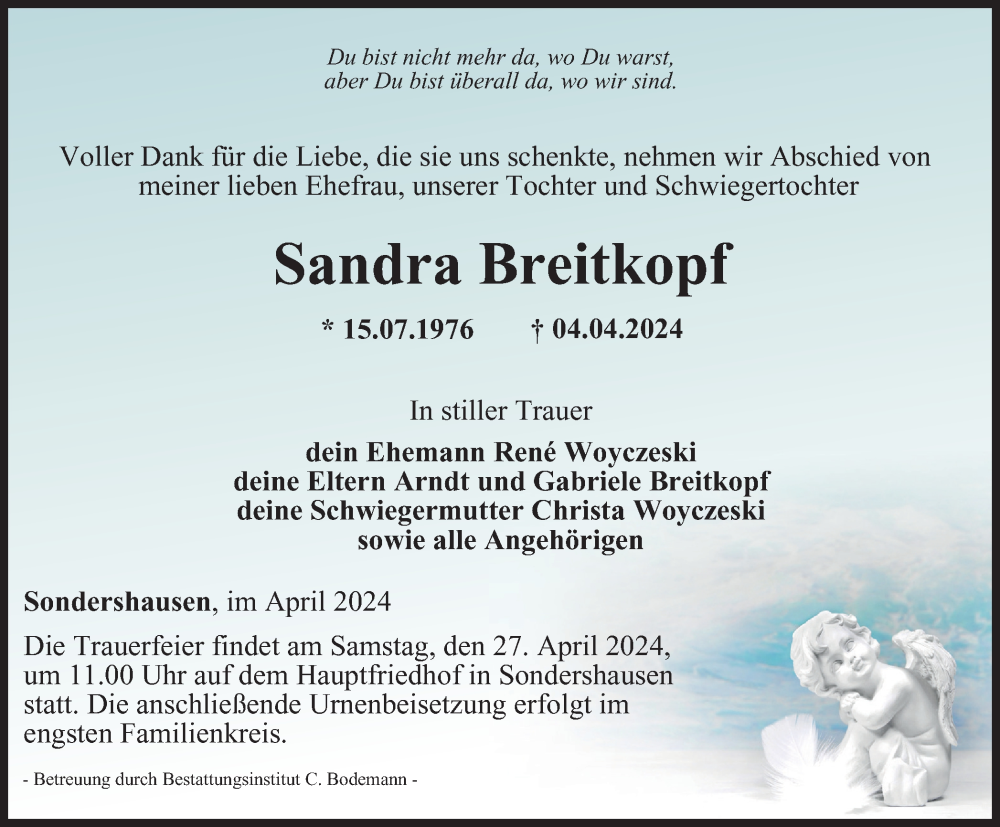  Traueranzeige für Sandra Breitkopf vom 13.04.2024 aus Thüringer Allgemeine