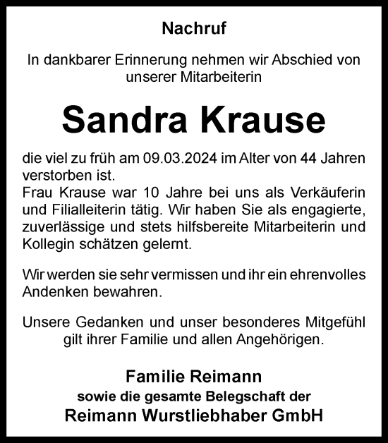 Traueranzeige von Sandra Krause von Thüringer Allgemeine