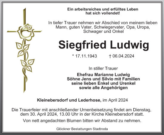 Traueranzeige von Siegfried Ludwig von Ostthüringer Zeitung