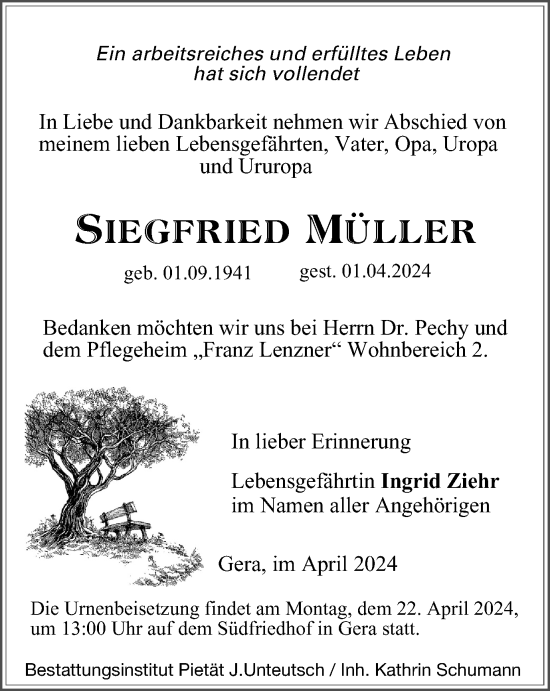 Traueranzeige von Siegfried Müller von Ostthüringer Zeitung