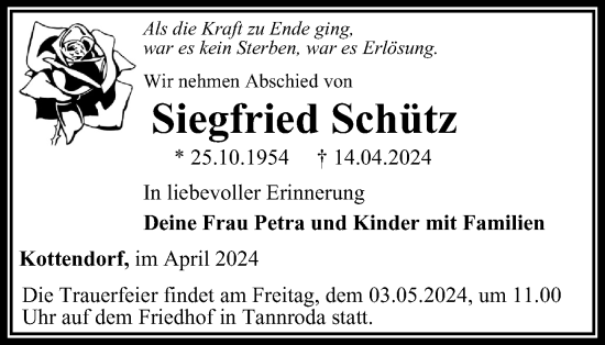 Traueranzeige von Siegfried Schütz von Thüringer Allgemeine, Thüringische Landeszeitung