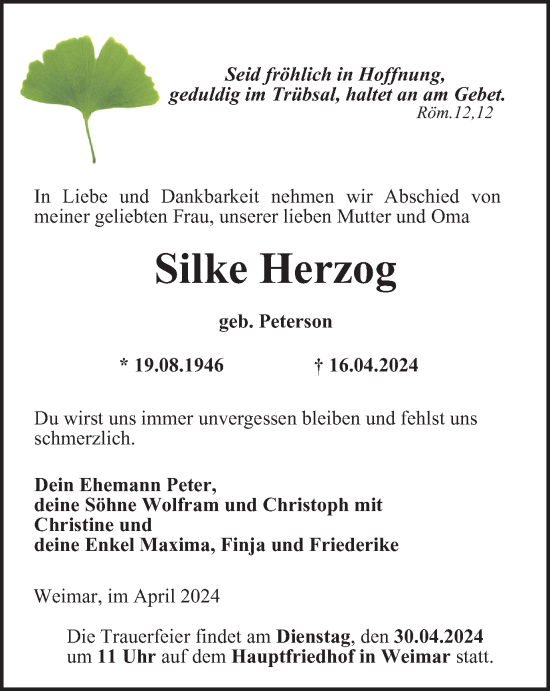 Traueranzeige von Silke Herzog von Thüringer Allgemeine, Thüringische Landeszeitung