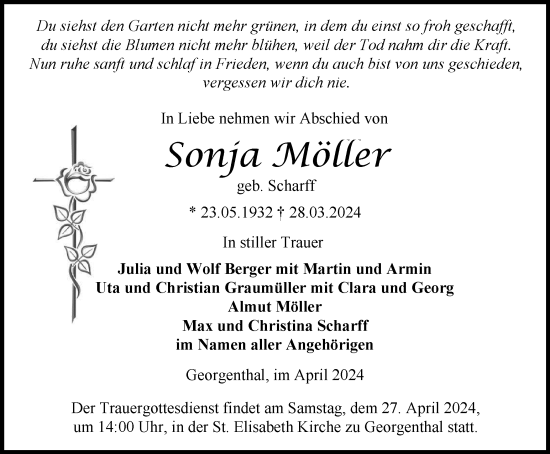 Traueranzeige von Sonja Möller von Thüringer Allgemeine, Thüringische Landeszeitung