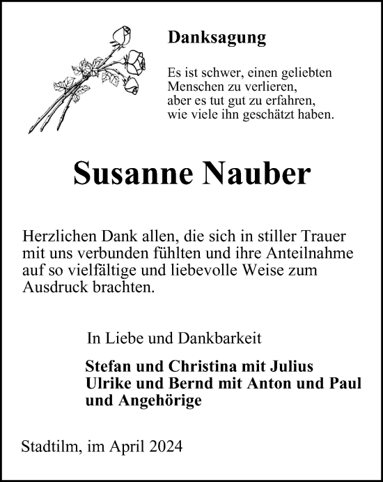 Traueranzeige von Susanne Nauber von Thüringer Allgemeine