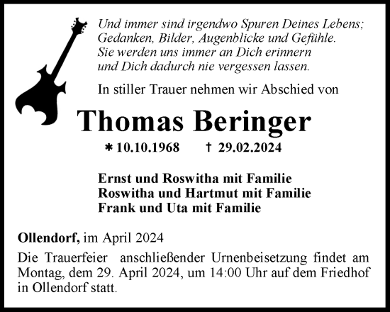 Traueranzeige von Thomas Beringer von Thüringer Allgemeine, Thüringische Landeszeitung