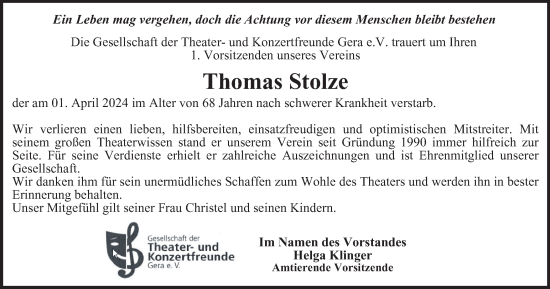Traueranzeige von Thomas Stolze von Thüringer Allgemeine