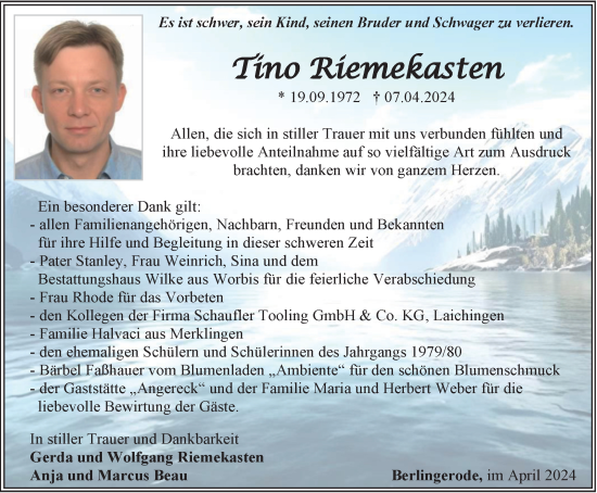 Traueranzeige von Tino Riemekasten von Thüringer Allgemeine