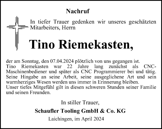 Traueranzeige von Tino Riemekasten von Thüringer Allgemeine