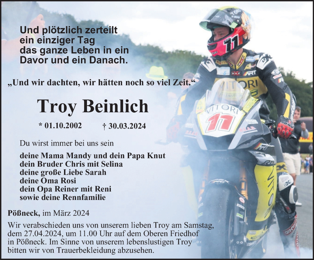  Traueranzeige für Troy Beinlich vom 13.04.2024 aus Ostthüringer Zeitung