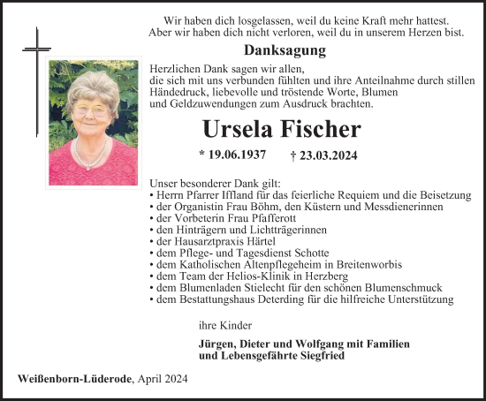 Traueranzeige von Ursela Fischer von Thüringer Allgemeine