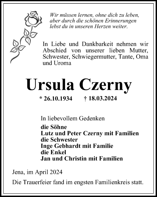 Traueranzeige von Ursula Czerny von Ostthüringer Zeitung, Thüringische Landeszeitung