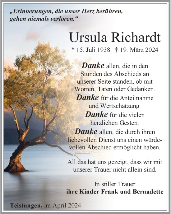 Traueranzeige von Ursula Richardt von Thüringer Allgemeine