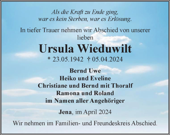 Traueranzeige von Ursula Wieduwilt von Ostthüringer Zeitung, Thüringische Landeszeitung