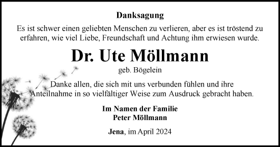 Traueranzeige von Ute Möllmann von Ostthüringer Zeitung, Thüringische Landeszeitung