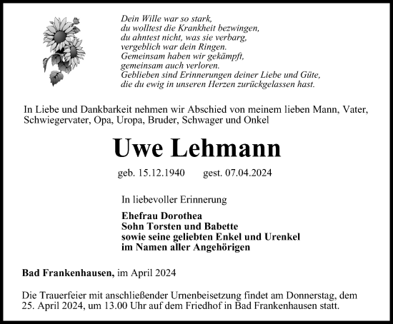 Traueranzeige von Uwe Lehmann von Thüringer Allgemeine
