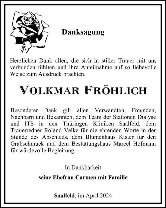 Traueranzeige von Volkmar Fröhlich