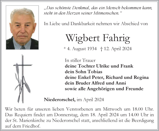 Traueranzeige von Wigbert Fahrig von Thüringer Allgemeine