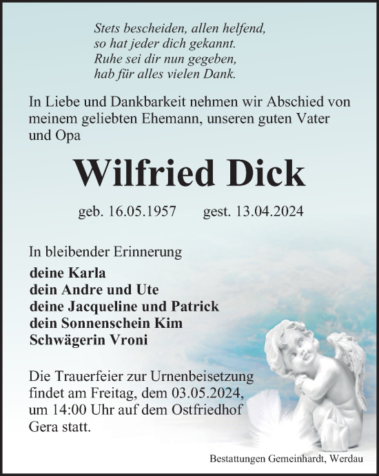 Traueranzeige von Wilfried Dick von Ostthüringer Zeitung