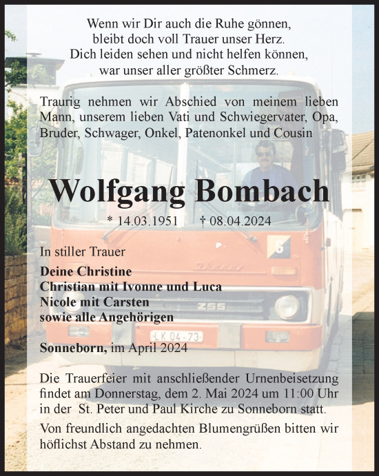 Traueranzeige von Wolfgang Bombach von Thüringer Allgemeine, Thüringische Landeszeitung