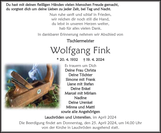Traueranzeige von Wolfgang Fink von Thüringer Allgemeine, Thüringische Landeszeitung