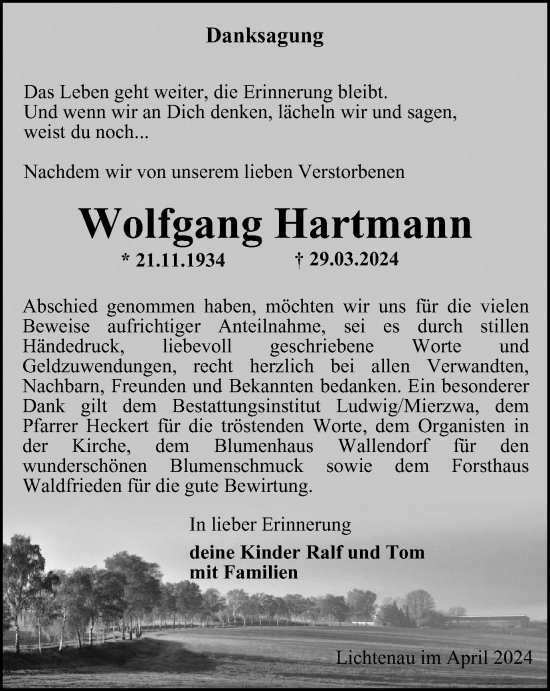 Traueranzeige von Wolfgang Hartmann von Ostthüringer Zeitung