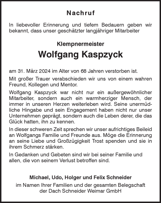 Traueranzeige von Wolfgang Kaspzyck von Thüringer Allgemeine, Thüringische Landeszeitung