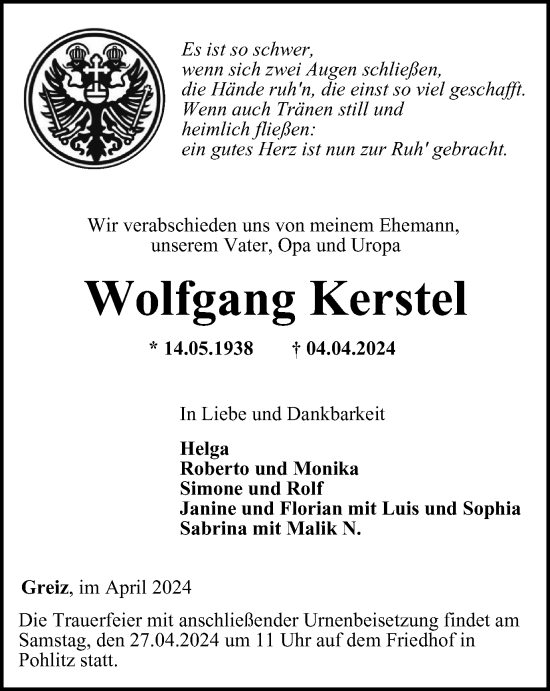 Traueranzeige von Wolfgang Kerstel von Ostthüringer Zeitung