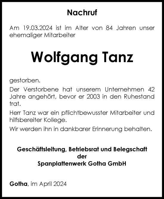 Traueranzeige von Wolfgang Tanz von Thüringer Allgemeine, Thüringische Landeszeitung