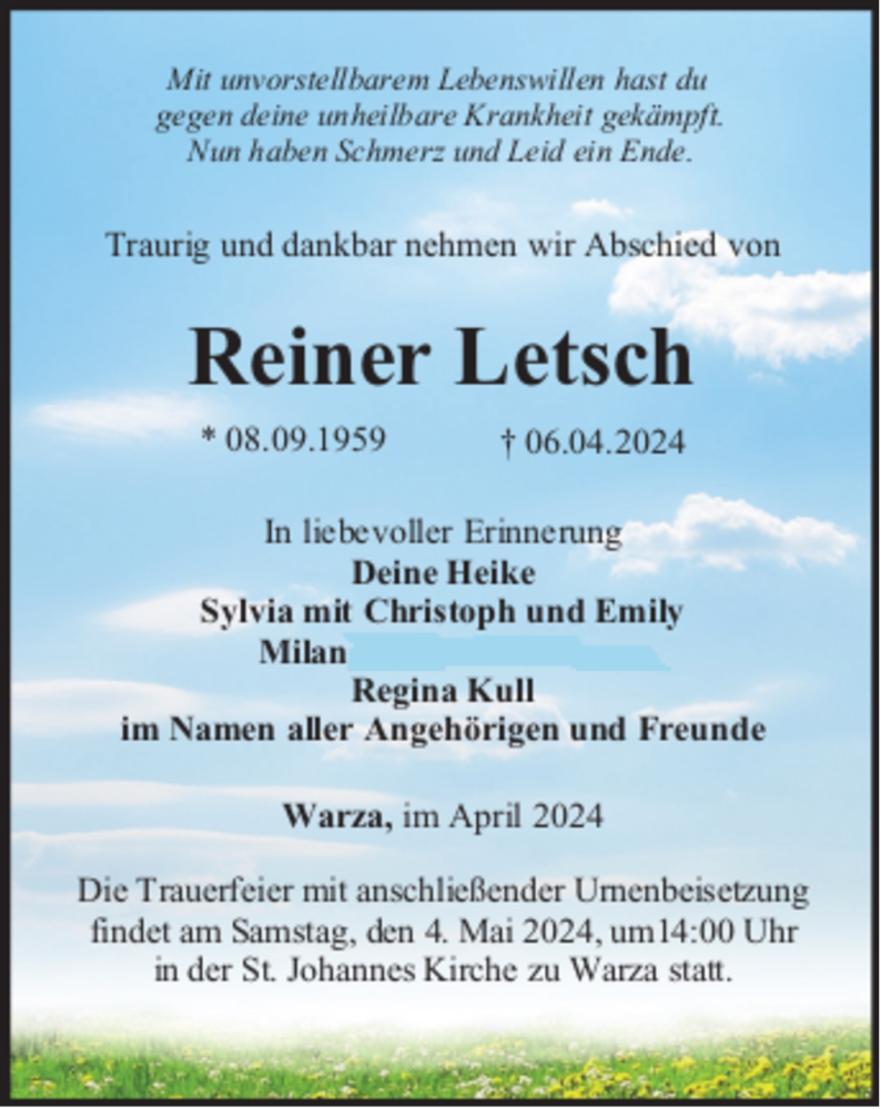  Traueranzeige für Reiner Letsch vom 27.04.2024 aus Thüringer Allgemeine, Thüringische Landeszeitung