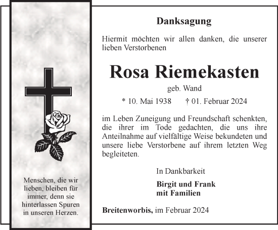 Traueranzeige von Rosa Riemenkasten  von TA, TLZ