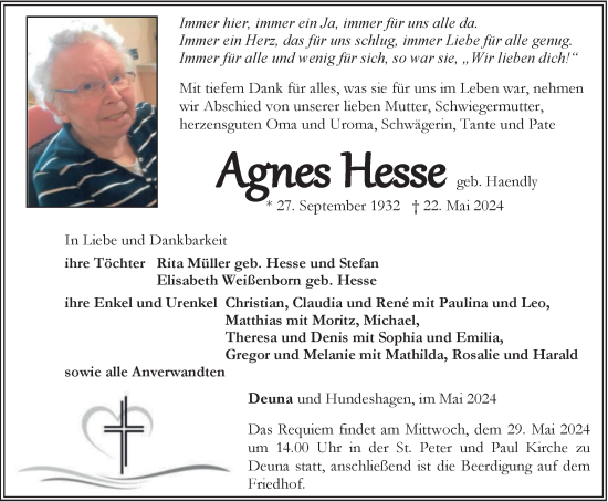 Traueranzeige von Agnes Hesse von Thüringer Allgemeine