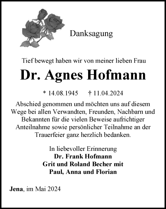 Traueranzeige von Agnes Hofmann von Ostthüringer Zeitung, Thüringische Landeszeitung