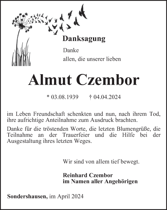 Traueranzeige von Almut Czembor von Thüringer Allgemeine