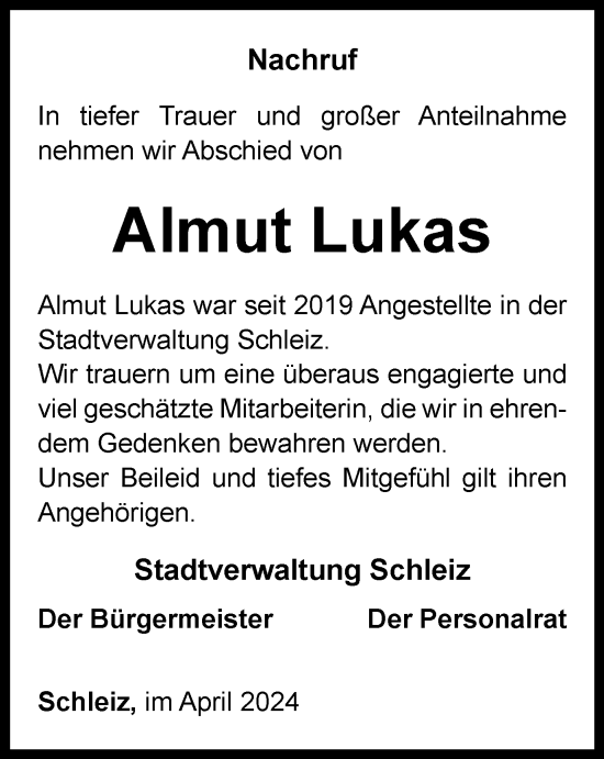 Traueranzeige von Almut Lukas von Ostthüringer Zeitung