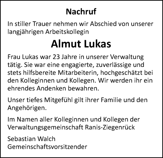 Traueranzeige von Almut Lukas von Ostthüringer Zeitung