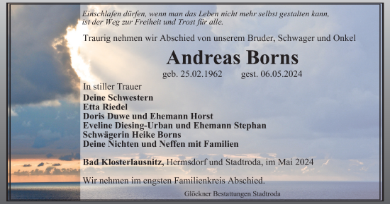 Traueranzeige von Andreas Borns von Ostthüringer Zeitung