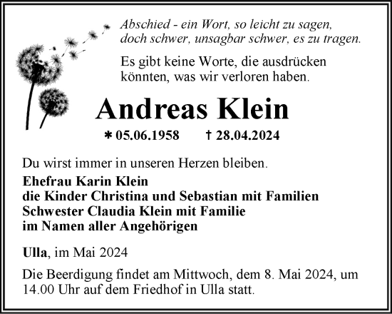 Traueranzeige von Andreas Klein von Thüringer Allgemeine, Thüringische Landeszeitung