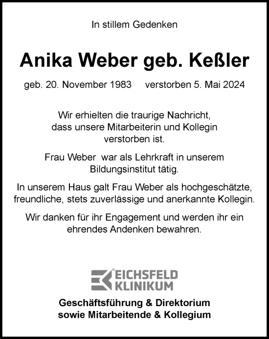 Traueranzeige von Anika Weber von Thüringer Allgemeine