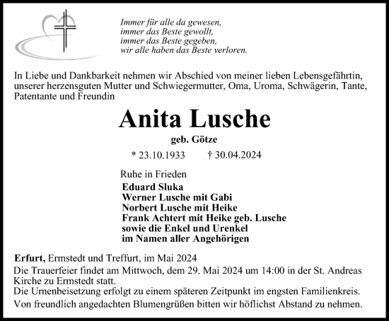 Traueranzeige von Anita Lusche von Thüringer Allgemeine, Thüringische Landeszeitung