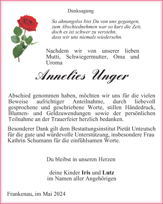 Traueranzeige von Annelies Unger von Ostthüringer Zeitung